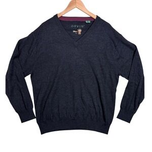 Orvis Mens Charcoal Gray 100% Merino Wool V-Neck Sweater Fly‎ Fishing Logo XL